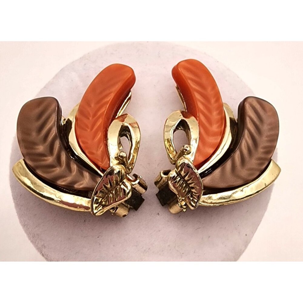Vintage Gold-Tone Clip-On Earrings Thermoset Leaf Design Fall MCM Copper Orange